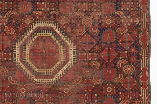 Antique small ersari beshir rug. Interesting example with a wonderful border and an abrashed blue ground. Reasonably fine weave. All natural colors with a fine red. "as found" condition, quite dirty, with  ...