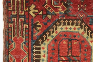 Antique small ersari beshir rug. Interesting example with a wonderful border and an abrashed blue ground. Reasonably fine weave. All natural colors with a fine red. "as found" condition, quite dirty, with  ...