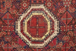 Antique small ersari beshir rug. Interesting example with a wonderful border and an abrashed blue ground. Reasonably fine weave. All natural colors with a fine red. "as found" condition, quite dirty, with  ...