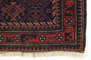 antique large baluch bagface. Appears to have a little corroded magenta silk pile. Good fresh example of an uncommon type. All fine natural colors. Overall even low pile. Original selvages. Bit of  ...