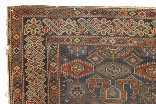 antique caucasian shirvan rug with an interesting field design and an iconic "chi chi" slash border. "as found", complete, but very very dirty with substantial center wear as shown. Priced accordingly. All  ...