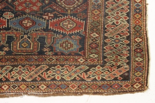 antique caucasian shirvan rug with an interesting field design and an iconic "chi chi" slash border. "as found", complete, but very very dirty with substantial center wear as shown. Priced accordingly. All  ...