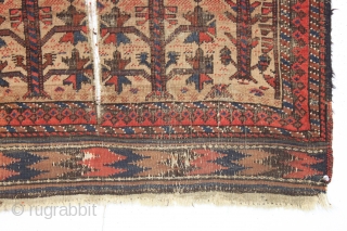 antique little camel ground baluch rug with tree elements and some unusual red dotting. I've never seen this before. Unfortunately this rug ran into a buzz saw and is nearly cut in  ...