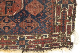 Antique large baluch bagface. Interesting design with c gul inspired elements. Appears to have all good colors but "as found", very very dirty and edges rough. 19th c. 35" x 36"  