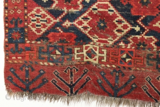 Antique ersari chuval. Large scale ikat inspired field design with a bold boreder and interesting elem panel. All natural colors. Bristly warps, probably goat hair. Creases, sewn tears, wear and assorted roughness  ...