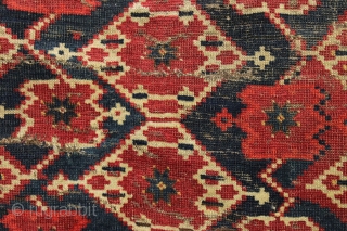 Antique ersari chuval. Large scale ikat inspired field design with a bold boreder and interesting elem panel. All natural colors. Bristly warps, probably goat hair. Creases, sewn tears, wear and assorted roughness  ...