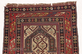 antique ivory ground shirvan prayer rug with a quirky design shift near the lower end. Older example, as found, very dirty and not yet restored. Overall good even pile and excellent natural  ...