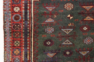 antique little east anatolian or yoruk prayer rug with a true green mihrab. Pile varies from good thick high pile to lower pile in center as shown. Few small creases. Good saturated  ...