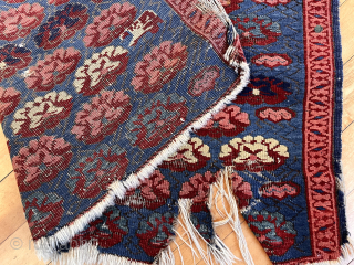 Out of the cedar chests. Early Caucasian kuba zeichour rug with classic carnation field. As good color as I have seen in this under appreciated type. Far from perfect condition. Mid 19th  ...