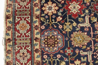 Antique large caucasian carpet fragment. Older afshan or blossum carpet type design with nice red kufic border. All vibrant natural colors. Mostly good even low pile. Small damaged area as shown, scattered  ...