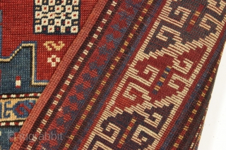 Antique small kazak rug. Charming little karachopf long type variant. All natural colors with lots of nice old greens. Decent overall condition with good edges and ends. Mostly good pile, a bit  ...