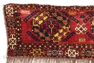 Antique turkoman like trapping or large bagface with thick thick pile and a wild design. Persian knotted with lustrous wool. Appears to have bristly warps, maybe goat hair or a mix of.  ...