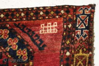 Antique turkoman like trapping or large bagface with thick thick pile and a wild design. Persian knotted with lustrous wool. Appears to have bristly warps, maybe goat hair or a mix of.  ...