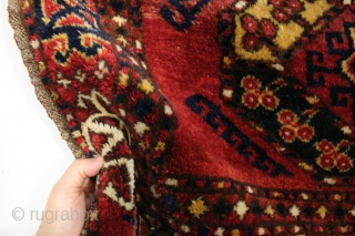 Antique turkoman like trapping or large bagface with thick thick pile and a wild design. Persian knotted with lustrous wool. Appears to have bristly warps, maybe goat hair or a mix of.  ...