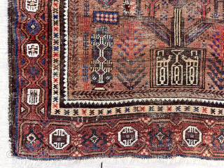Out of the cedar chests (yes Baluchis in there). Uncommon potted tree design. Lovely natural colors including leaves light blues, deep reds and several nice natural browns. Turkish knotted. Attractive cloth like  ...