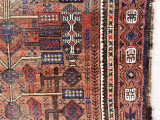 Out of the cedar chests (yes Baluchis in there). Uncommon potted tree design. Lovely natural colors including leaves light blues, deep reds and several nice natural browns. Turkish knotted. Attractive cloth like  ...