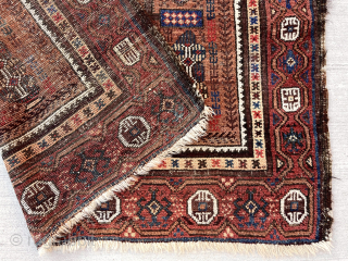 Out of the cedar chests (yes Baluchis in there). Uncommon potted tree design. Lovely natural colors including leaves light blues, deep reds and several nice natural browns. Turkish knotted. Attractive cloth like  ...