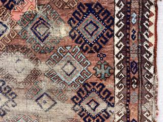 Yet another Baluch from the cedar chests. Acquired many years ago. I liked the archaic wildness. not in great condition but has presence non the less. 
Good age. Well into the 19th  ...