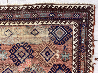 Yet another Baluch from the cedar chests. Acquired many years ago. I liked the archaic wildness. not in great condition but has presence non the less. 
Good age. Well into the 19th  ...
