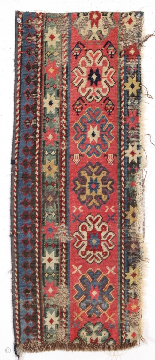 Small fragment of a caucasian rug. Superb natural colors. Seems like there is no end to these but I assure you there is. mid 19th c.  13" x 33"   