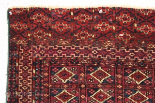 antique little tekke rug with interesting aina gul field and very nice elem panels. All natural colors and fine weave. Overall thin with even low pile. Looks like few original cotton or  ...