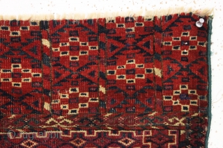 antique little tekke rug with interesting aina gul field and very nice elem panels. All natural colors and fine weave. Overall thin with even low pile. Looks like few original cotton or  ...