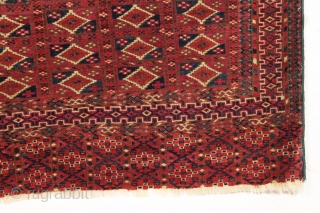 antique little tekke rug with interesting aina gul field and very nice elem panels. All natural colors and fine weave. Overall thin with even low pile. Looks like few original cotton or  ...