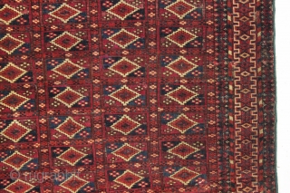 antique little tekke rug with interesting aina gul field and very nice elem panels. All natural colors and fine weave. Overall thin with even low pile. Looks like few original cotton or  ...