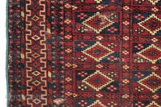 antique little tekke rug with interesting aina gul field and very nice elem panels. All natural colors and fine weave. Overall thin with even low pile. Looks like few original cotton or  ...