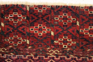 antique little tekke rug with interesting aina gul field and very nice elem panels. All natural colors and fine weave. Overall thin with even low pile. Looks like few original cotton or  ...