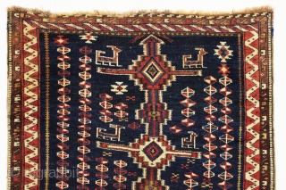 Antique Persian tribal rug, probably Luri, with an unusual flat weave inspired design. Beautiful all natural colors. Overall good condition with even pile. Interesting deep indigo ground with lines of natural brown  ...