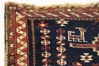 Antique Persian tribal rug, probably Luri, with an unusual flat weave inspired design. Beautiful all natural colors. Overall good condition with even pile. Interesting deep indigo ground with lines of natural brown  ...