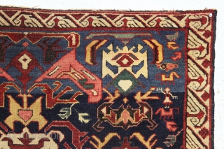 antique little bijov kuba rug in good condition. Characteristic bijov field motifs together with charming humans and animals. All natural colors. Overall even pile. Clean. No holes, tears and good original selvages.  ...