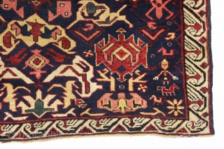 antique little bijov kuba rug in good condition. Characteristic bijov field motifs together with charming humans and animals. All natural colors. Overall even pile. Clean. No holes, tears and good original selvages.  ...