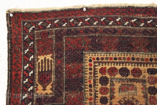 antique camel ground baluch prayer rug with hands. Interesting long and very narrow size. Overall fair even low pile with some black corrosion and scattered wear as shown. All natural colors. Reasonably  ...