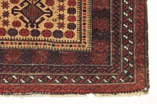 antique camel ground baluch prayer rug with hands. Interesting long and very narrow size. Overall fair even low pile with some black corrosion and scattered wear as shown. All natural colors. Reasonably  ...