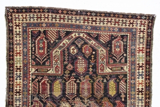 antique marasali prayer rug. Well drawn example of an iconic type. All natural colors. large serrated boteh filled with a good variety of designs.  Intact but thin with scattered wear as  ...