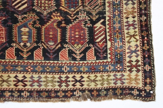 antique marasali prayer rug. Well drawn example of an iconic type. All natural colors. large serrated boteh filled with a good variety of designs.  Intact but thin with scattered wear as  ...