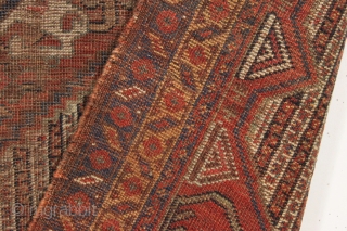 antique south persian qashqai rug with good design and older colors. "as found". very very dirty with heavy center wear as shown and priced accordingly. natural colors. all wool. late 19th c.  ...