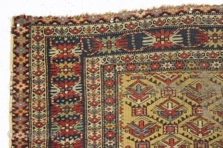 early yellow ground kuba shirvan rug. Fresh New England find. Well drawn field with eye catching borders including very unusual minors. "as found", very dirty with areas of wear and edge roughness.  ...