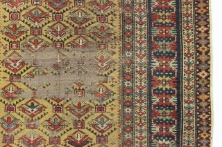 early yellow ground kuba shirvan rug. Fresh New England find. Well drawn field with eye catching borders including very unusual minors. "as found", very dirty with areas of wear and edge roughness.  ...