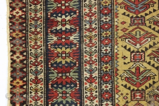 early yellow ground kuba shirvan rug. Fresh New England find. Well drawn field with eye catching borders including very unusual minors. "as found", very dirty with areas of wear and edge roughness.  ...