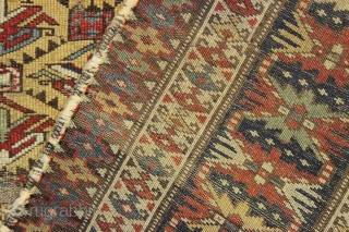 early yellow ground kuba shirvan rug. Fresh New England find. Well drawn field with eye catching borders including very unusual minors. "as found", very dirty with areas of wear and edge roughness.  ...