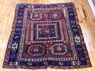 Out of the cedar chests. Early Turkish rug. Well drawn and beautifully colored example of the type. Hard to find now. Condition not perfect. Nearly square. 65” x 67” ca. 1800  