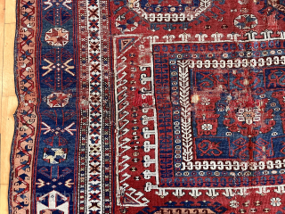 Out of the cedar chests. Early Turkish rug. Well drawn and beautifully colored example of the type. Hard to find now. Condition not perfect. Nearly square. 65” x 67” ca. 1800  