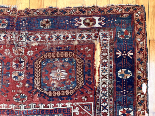 Out of the cedar chests. Early Turkish rug. Well drawn and beautifully colored example of the type. Hard to find now. Condition not perfect. Nearly square. 65” x 67” ca. 1800  