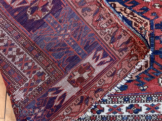 Out of the cedar chests. Early Turkish rug. Well drawn and beautifully colored example of the type. Hard to find now. Condition not perfect. Nearly square. 65” x 67” ca. 1800  