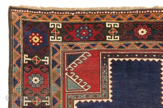 antique large Caucasian rug with a powerful design.  Appears caucasian although certainly not karachopf type as the structure with brown wefting and goat hair selvages are not typical kazak. Neither is  ...