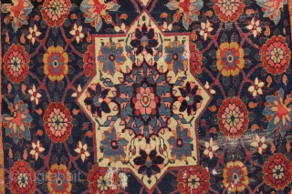 early nw persian carpet fragment. Beautiful design and highest quality natural colors. Center section of a large early carpet. Pile varies from good thick pile to areas of very low with foundation  ...