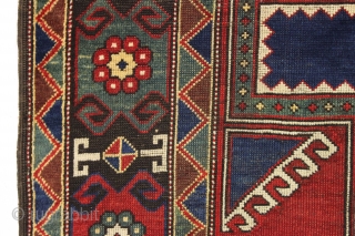 antique large Caucasian rug with a powerful design.  Appears caucasian although certainly not karachopf type as the structure with brown wefting and goat hair selvages are not typical kazak. Neither is  ...